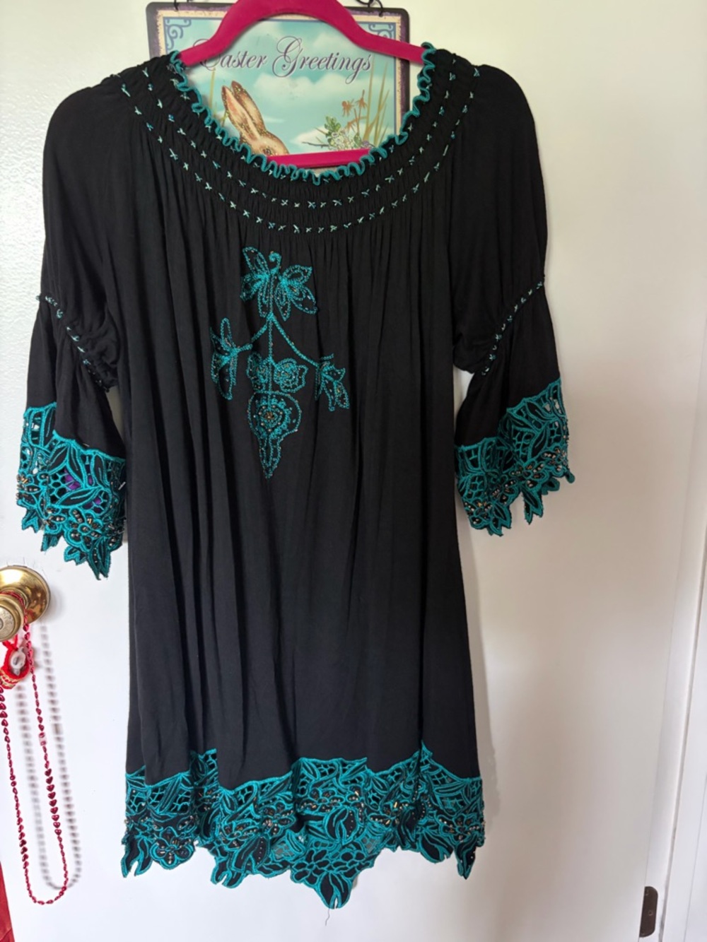 Black Tunic with Teal Embroidered Accent - Women's Boho Tunic